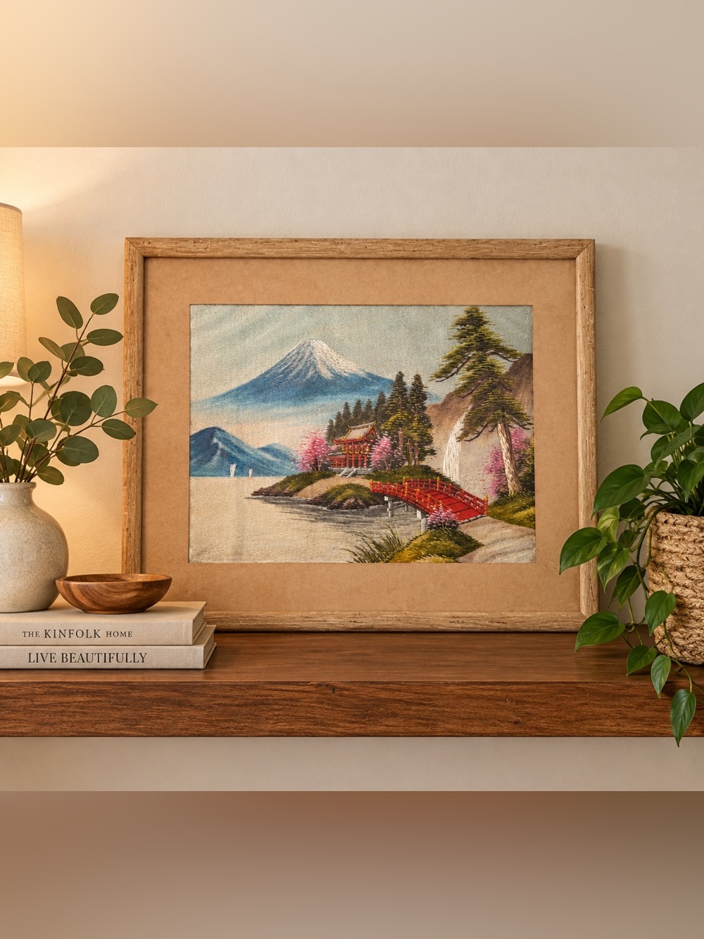 Vintage Korean silk embroidered mid century art